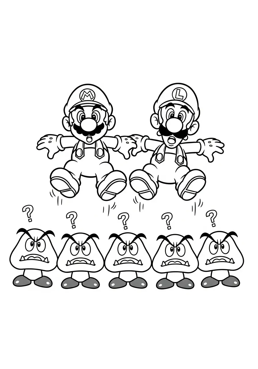 mario en luigi springen op goombas kleurplaat