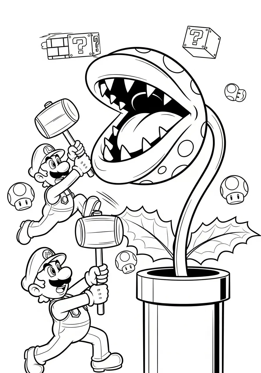 mario en luigi vechten piranha plant kleurplaat