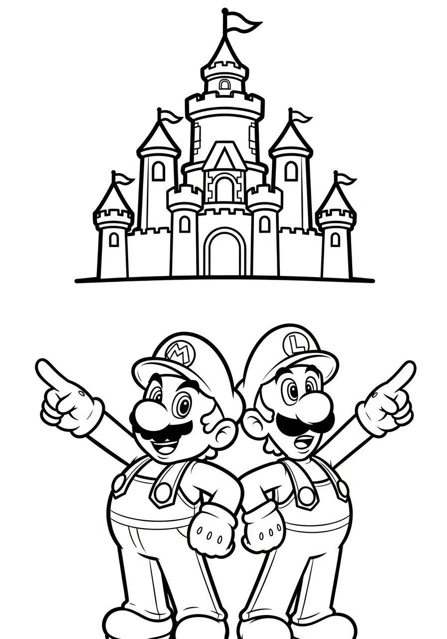 mario en luigi wijzen naar kasteel kleurplaat