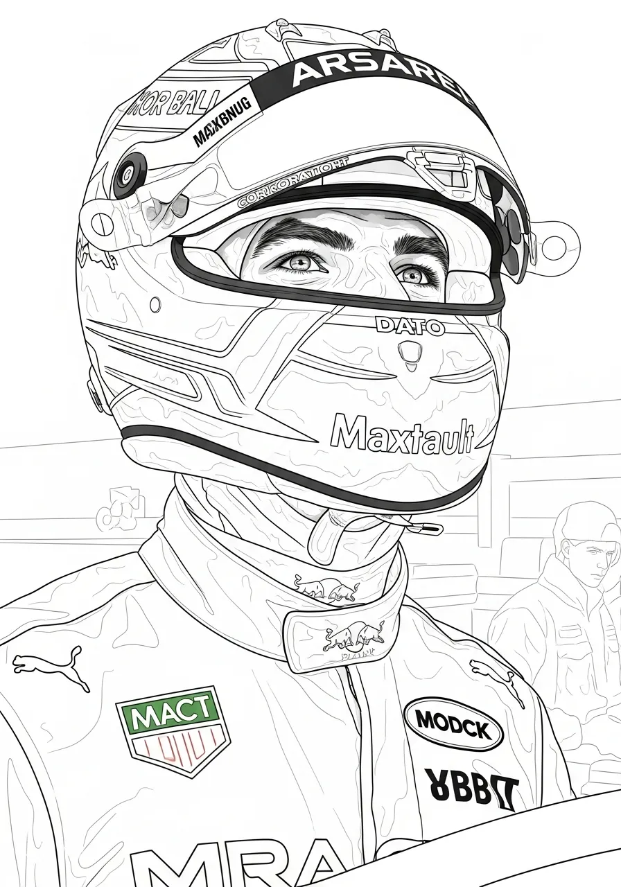max verstappen met helm in race modus kleurplaat