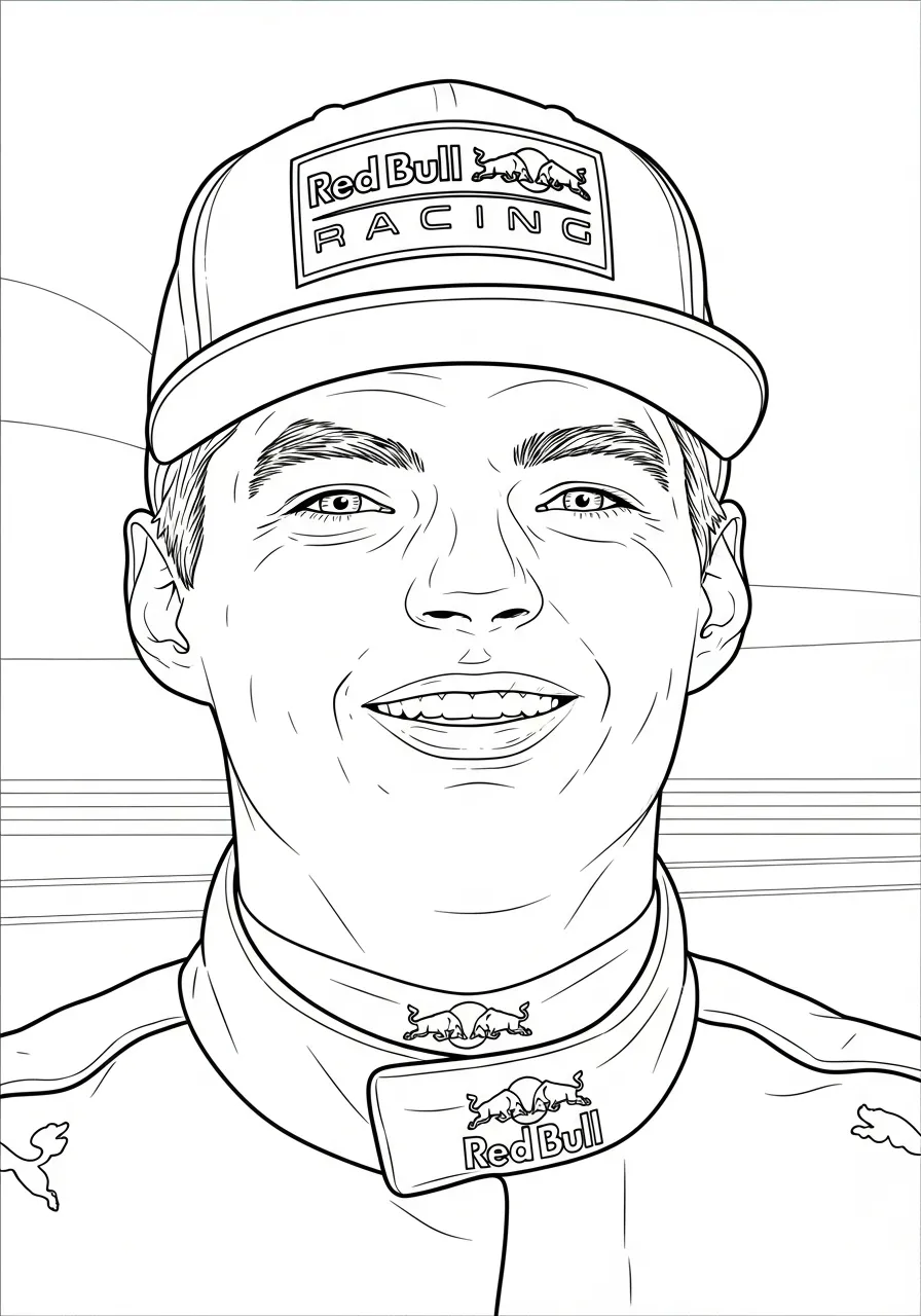 max verstappen met redbull pet lachend kleurplaat