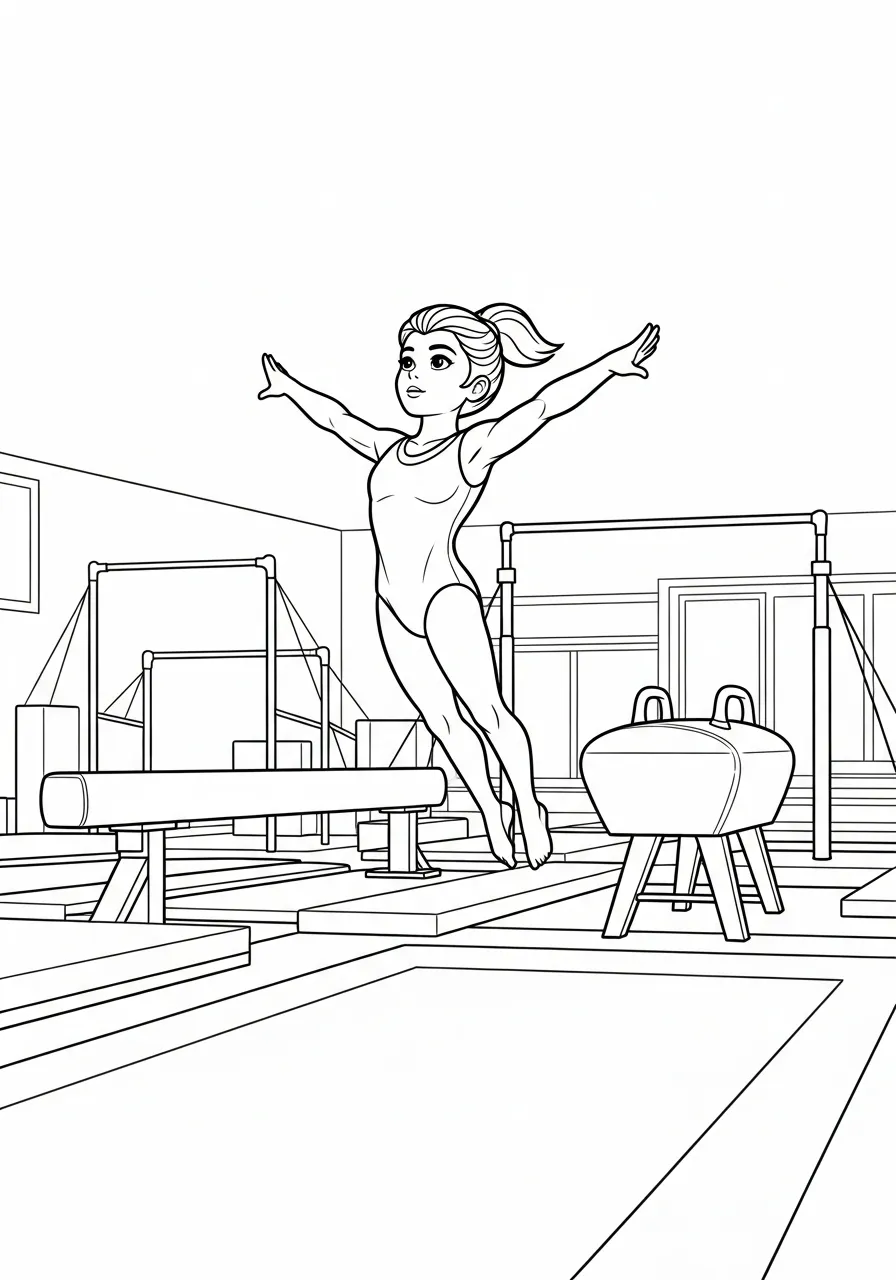 meisje doet sprong op de balk kleurplaat