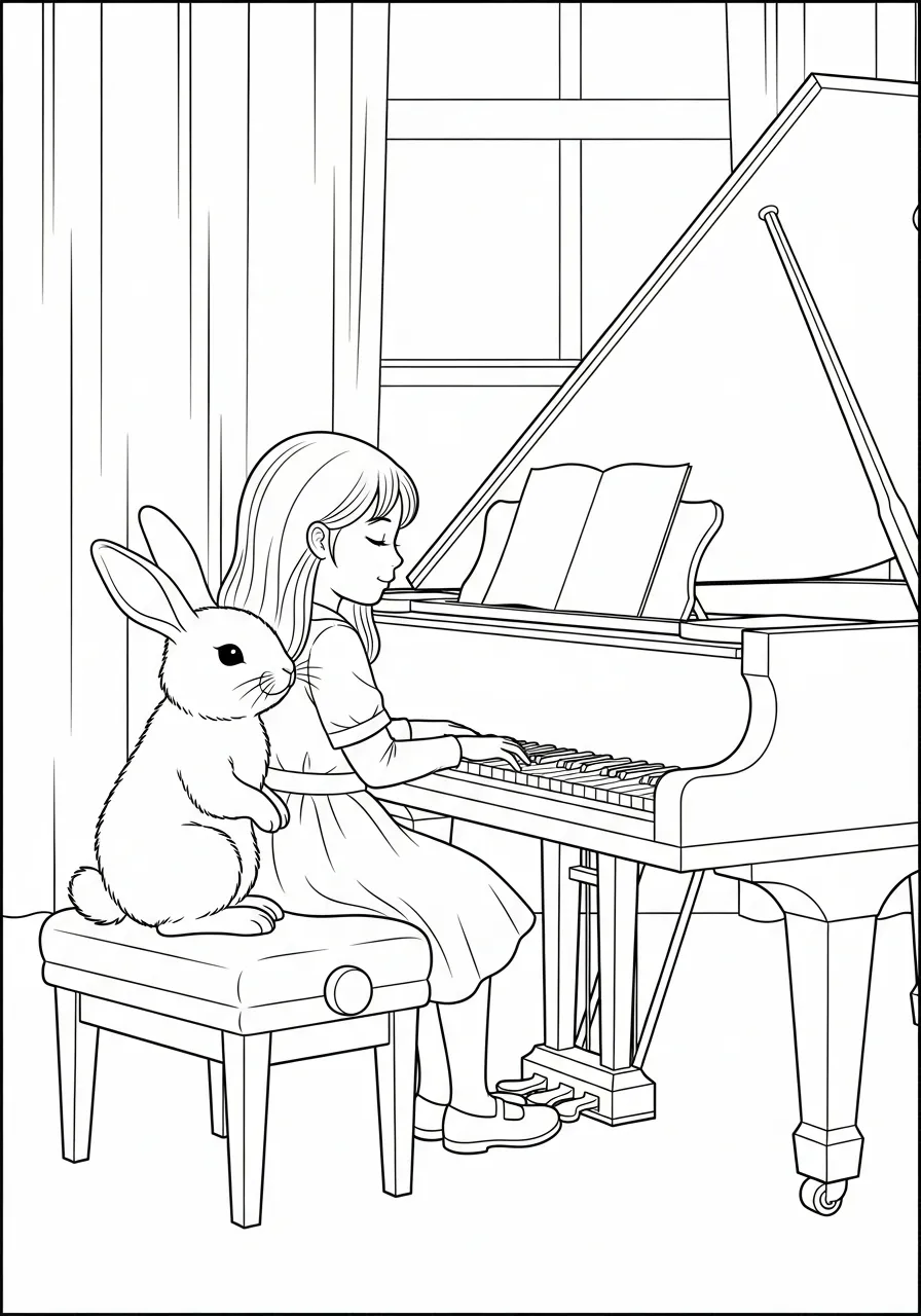 Piano Kleurplaat 16 meisje en konijn spelen piano kleurplaat