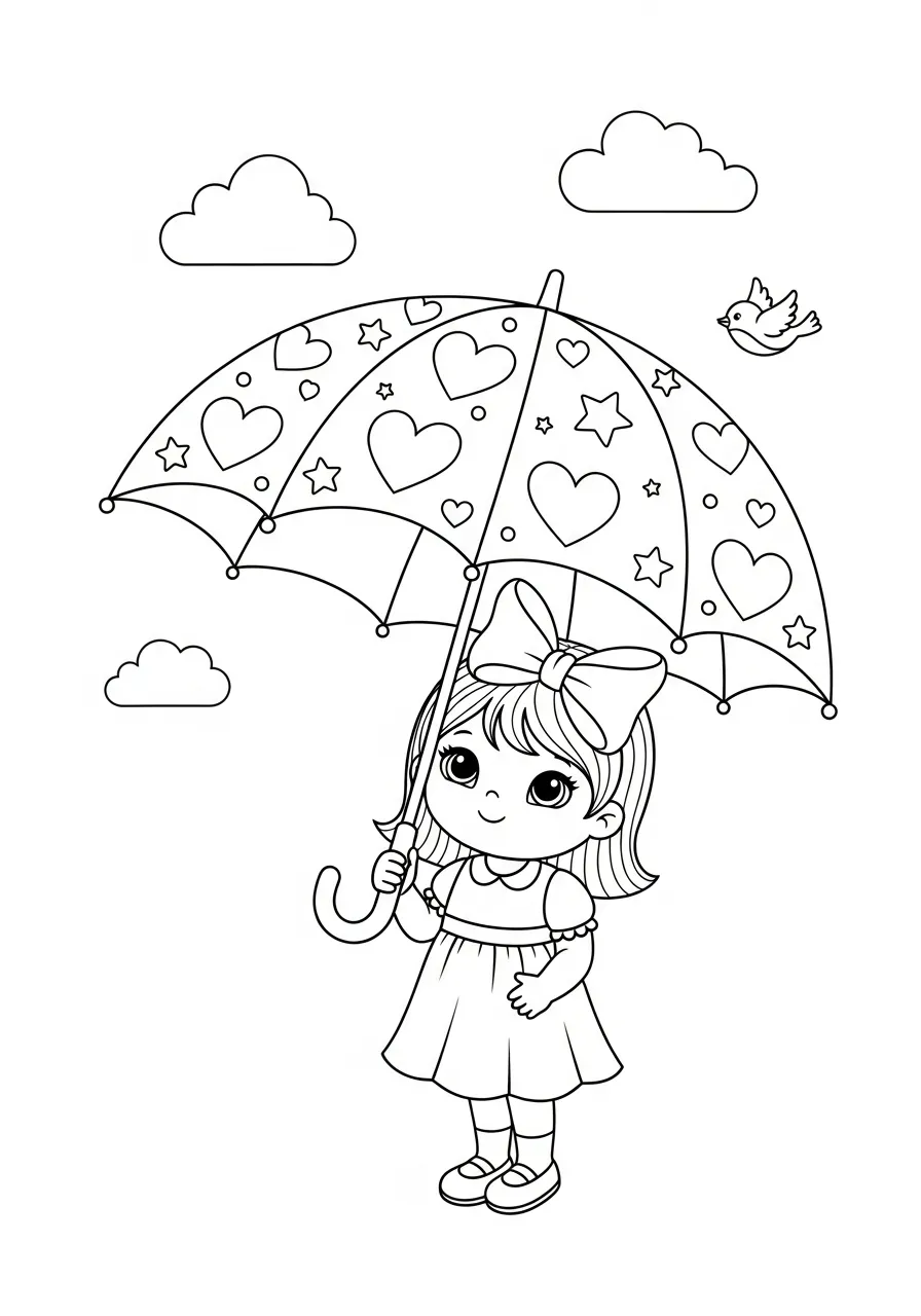 Paraplu Kleurplaat 22 meisje met hartenparaplu en vogeltje kleurplaat