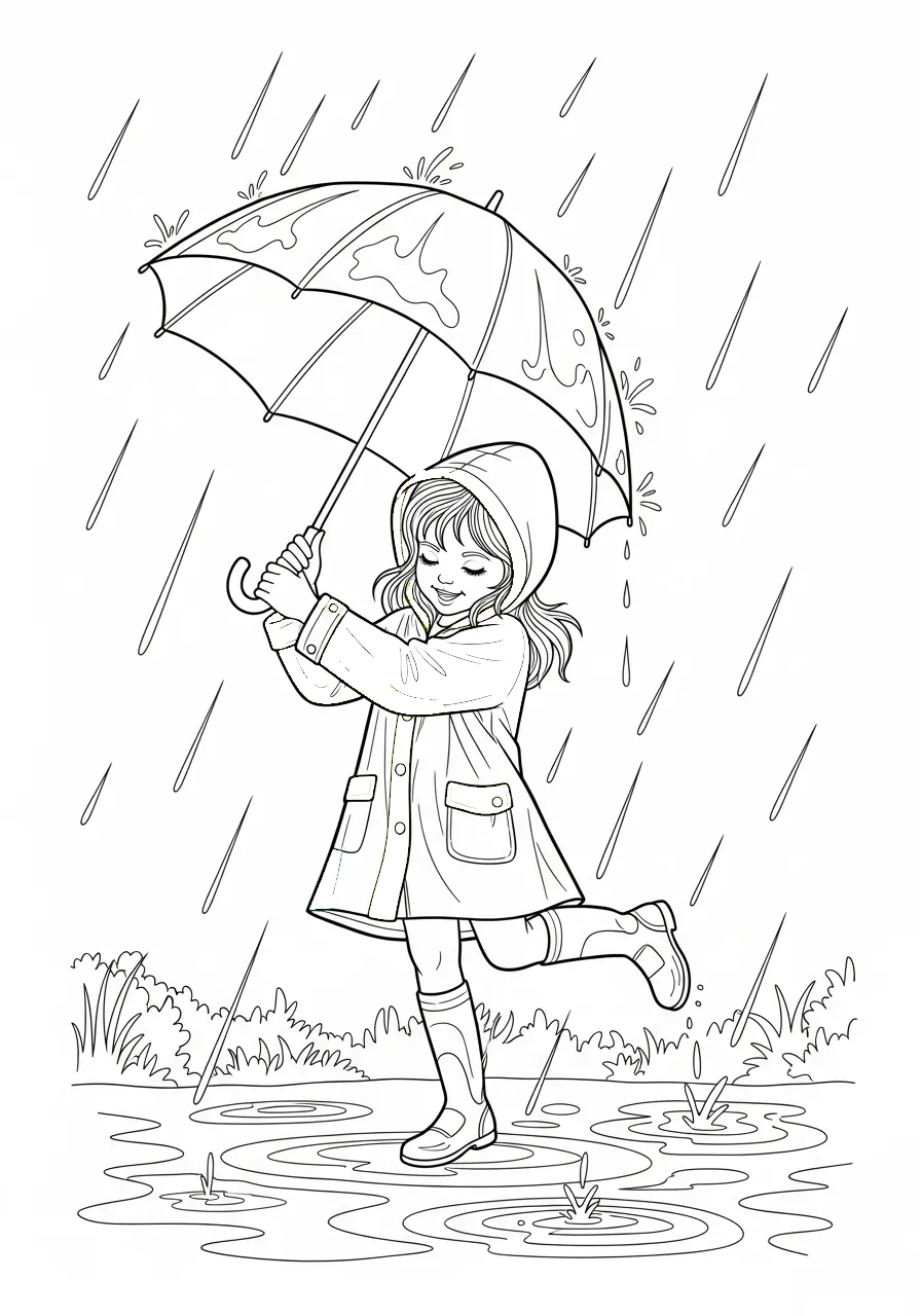 Paraplu Kleurplaat 23 meisje met paraplu in de regen kleurplaat