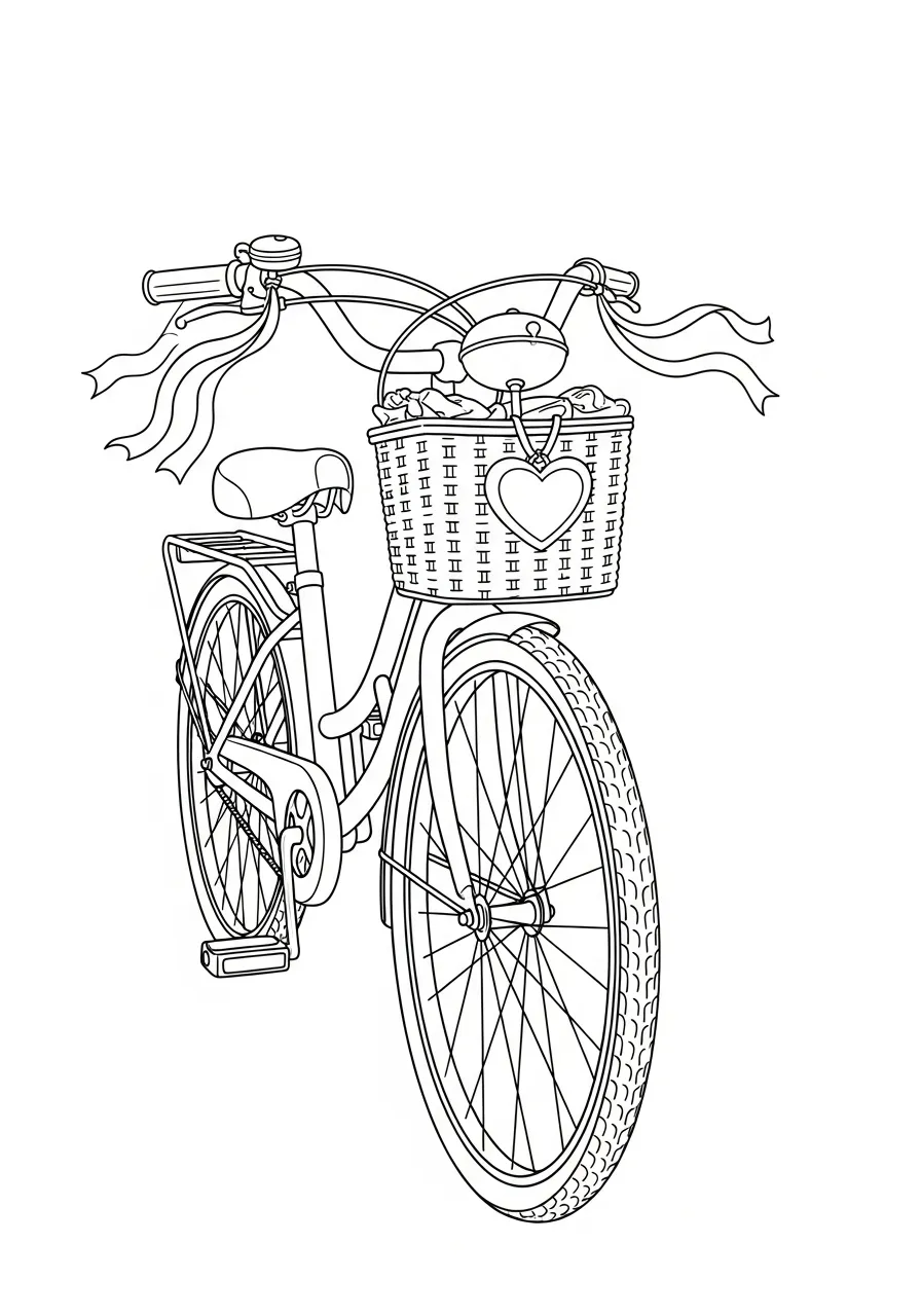 meisjesfiets met mand en strikken vrolijk kleurplaat