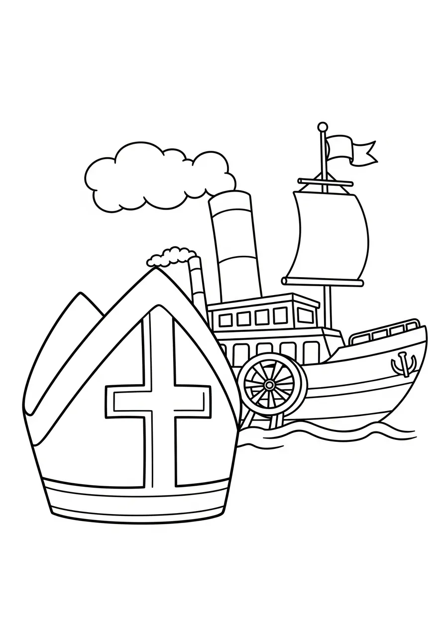 mijter en stoomboot van sinterklaas kleurplaat