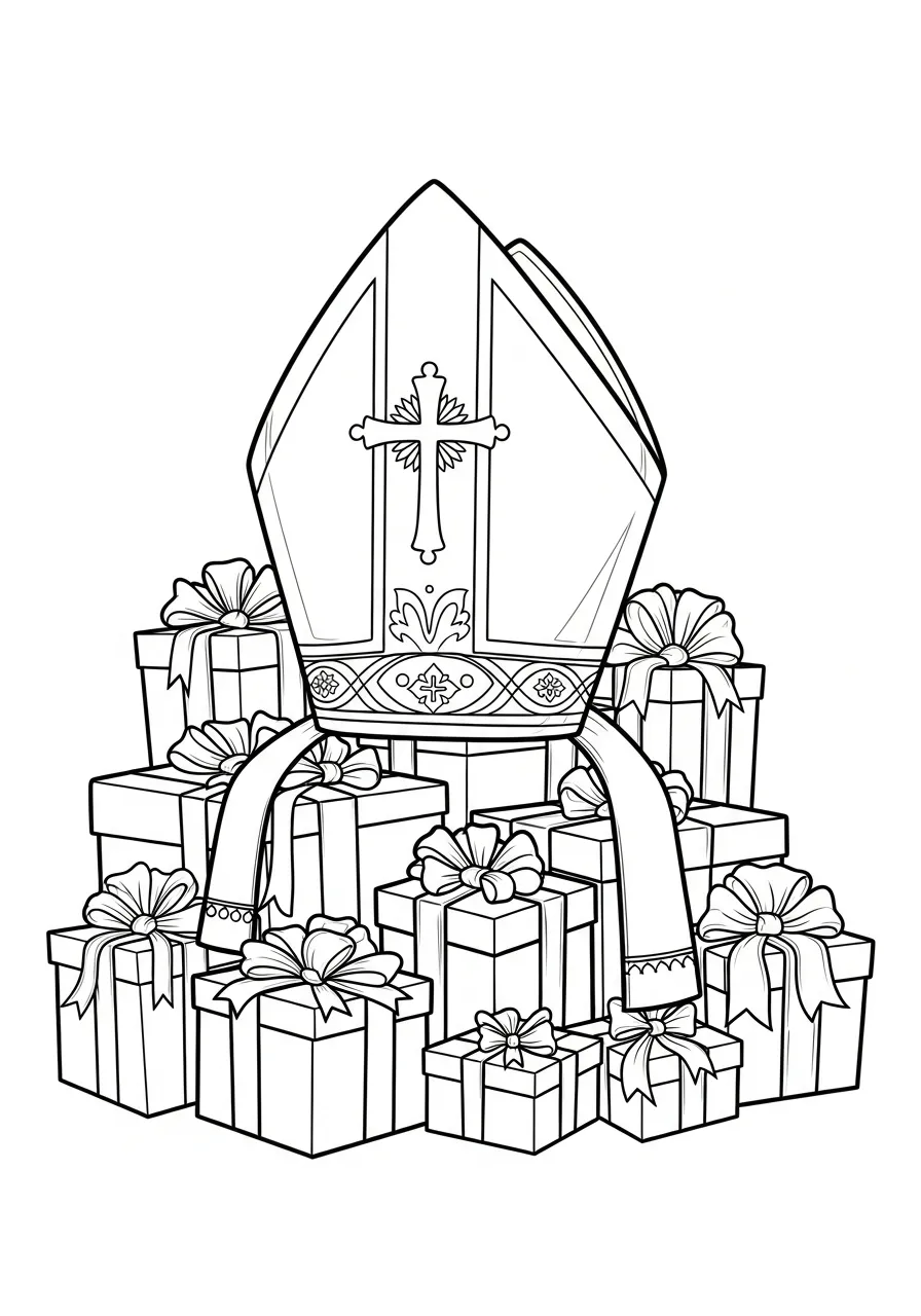 mijter met cadeautjes kleurplaat