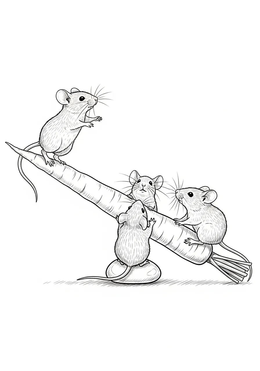 muizen spelen op wortel wip kleurplaat