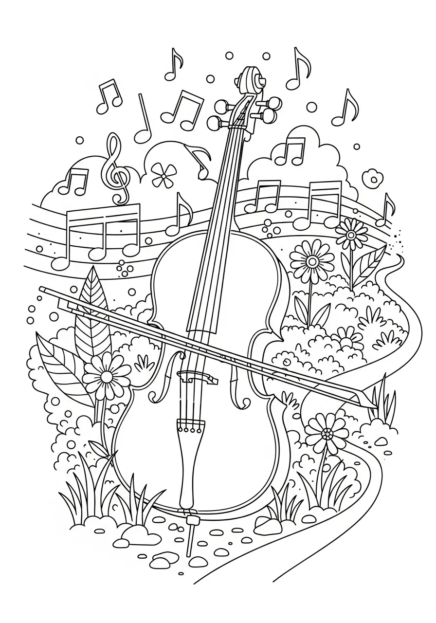 Kleurplaat Cello 23 muzikale cello in bloementuin kleurplaat