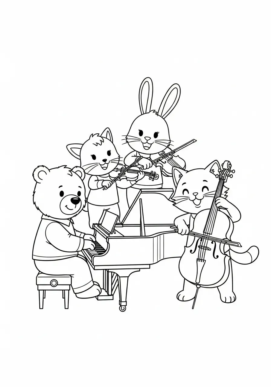 Piano Kleurplaat 17 muzikale dierenband met piano kleurplaat