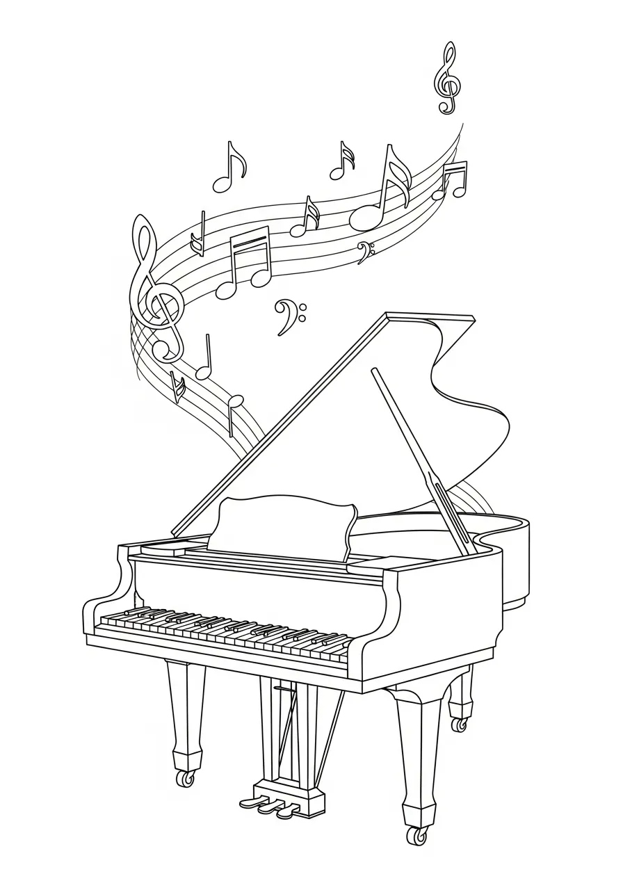 Piano Kleurplaat 18 muzikale golven rond concertvleugel kleurplaat