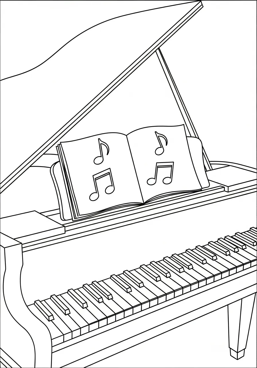 Piano Kleurplaat 20 open vleugel met bladmuziek kleurplaat