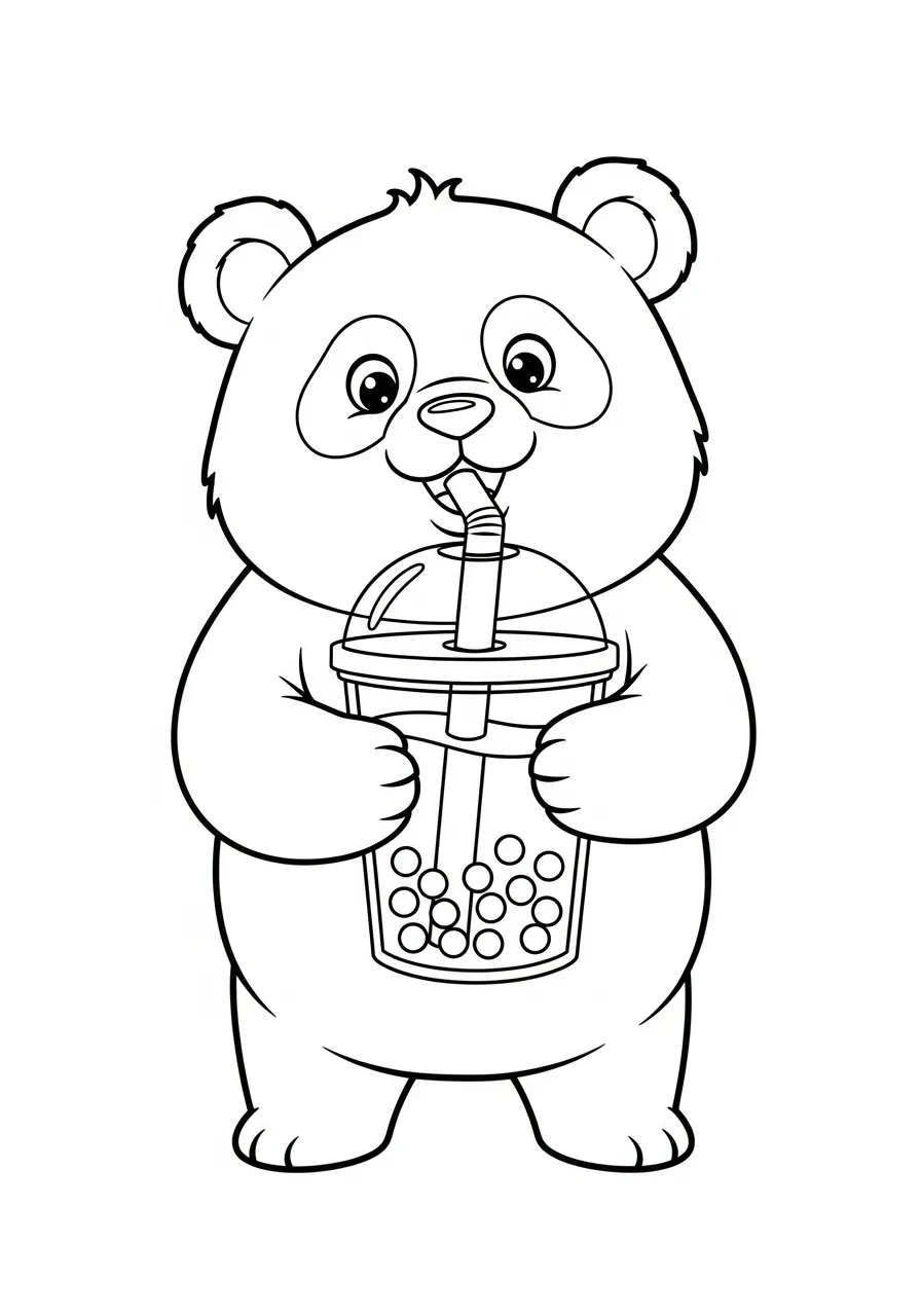 Kleurplaat Bubble Tea 17 panda met bubble tea beker kleurplaat