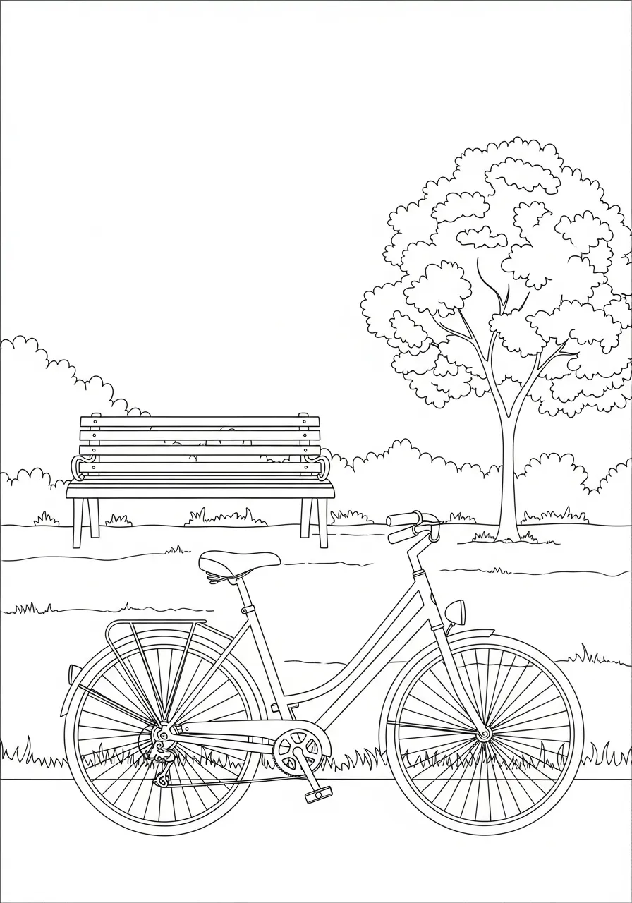 parkfiets bij bank en bomen rustige natuur kleurplaat