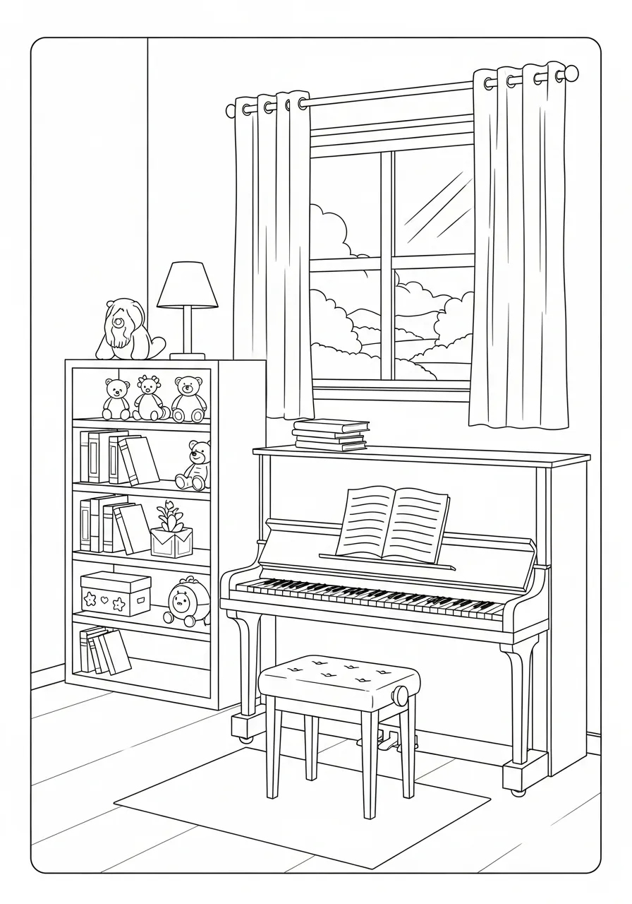 Piano Kleurplaat 21 piano in kindkamer met boekenrek kleurplaat