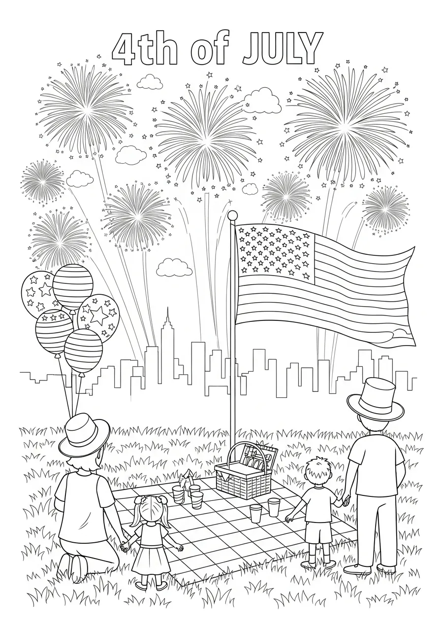 4th of July kleurplaat 9 picknick onder het vuurwerk kleurplaat