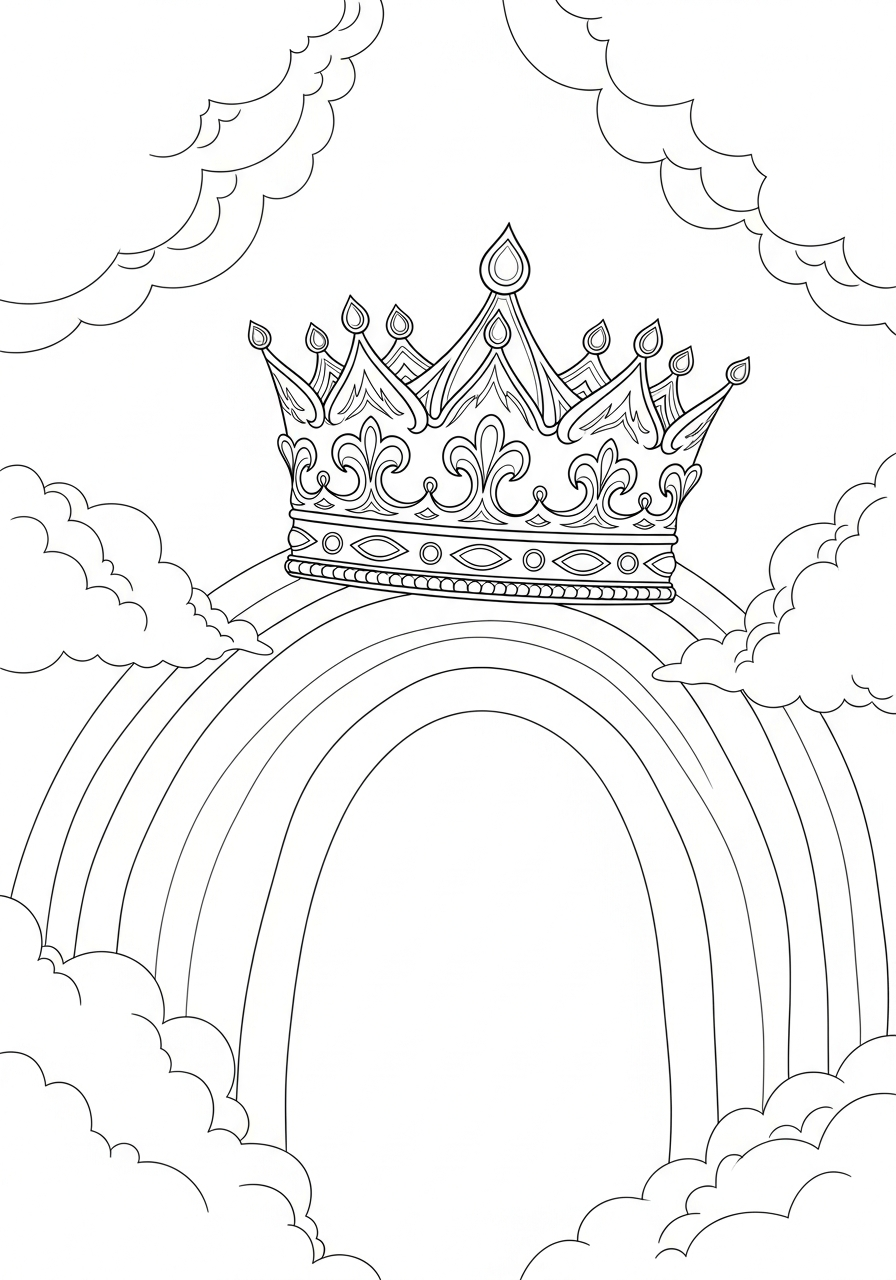 Kroon Kleurplaat 16 regenboog met kroon in de wolken kleurplaat