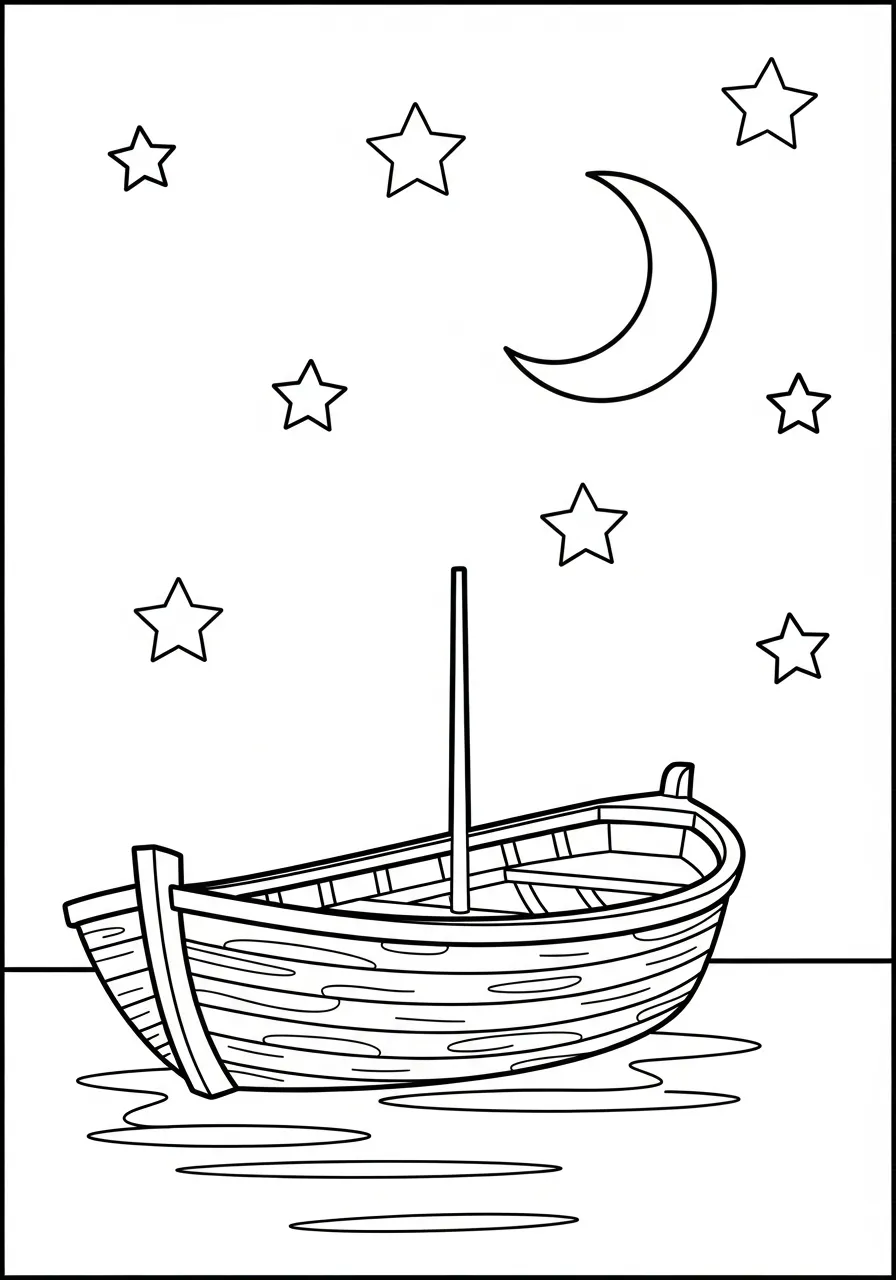 Kleurplaat Boot 25 roeiboot onder maan kleurplaat