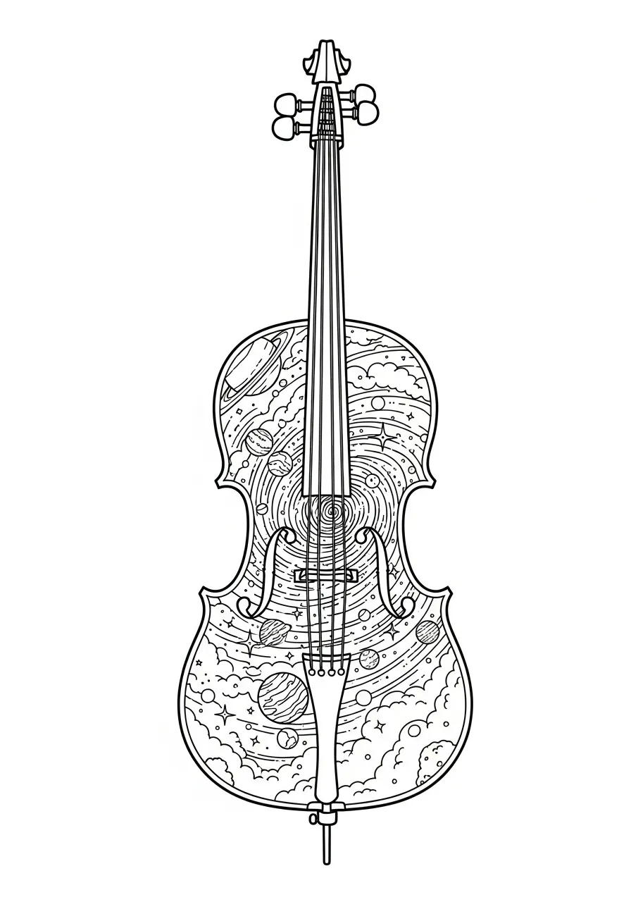 Kleurplaat Cello 24 ruimte thema cello met planeten kleurplaat