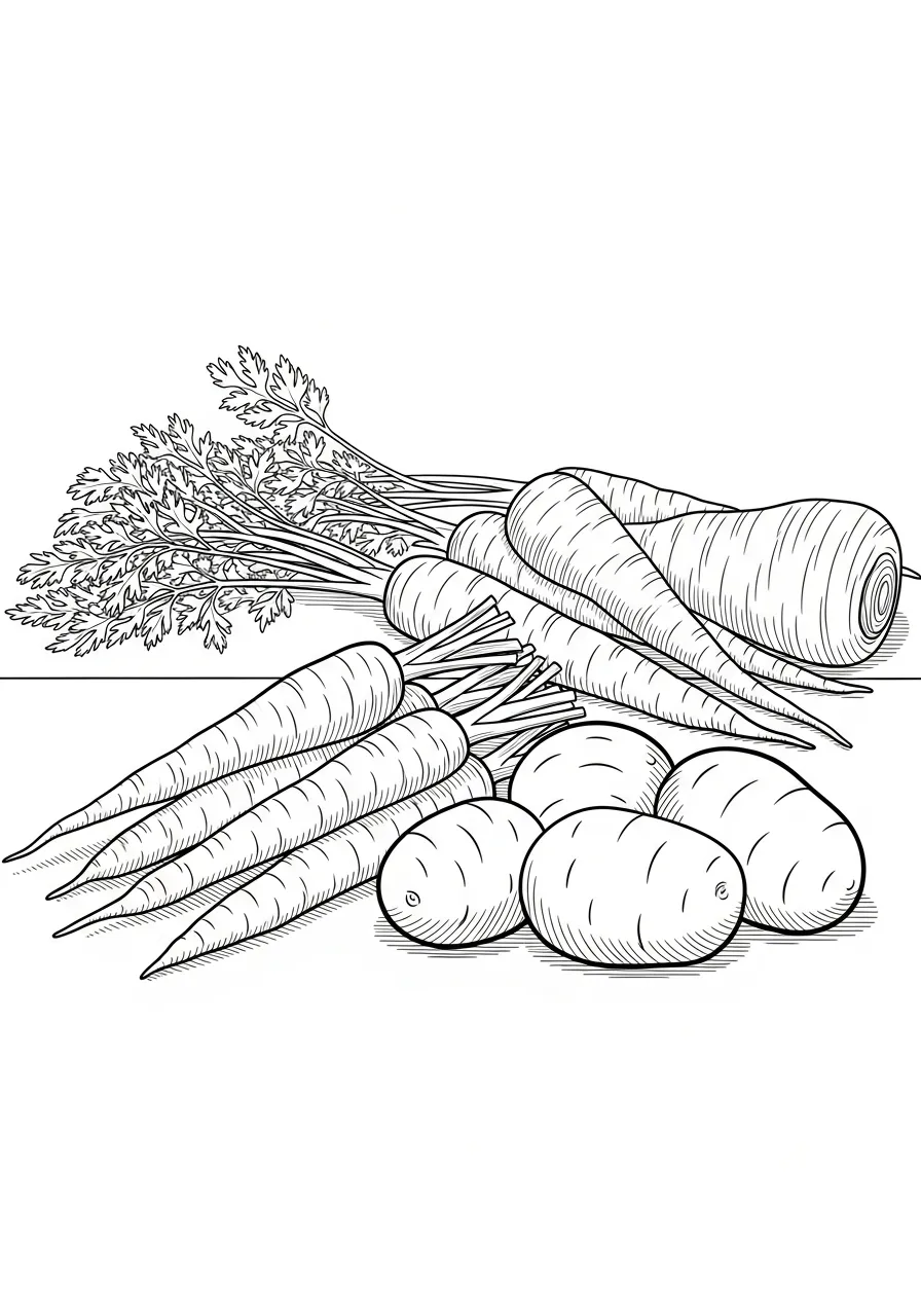 stapel wortelen en aardappelen kleurplaat