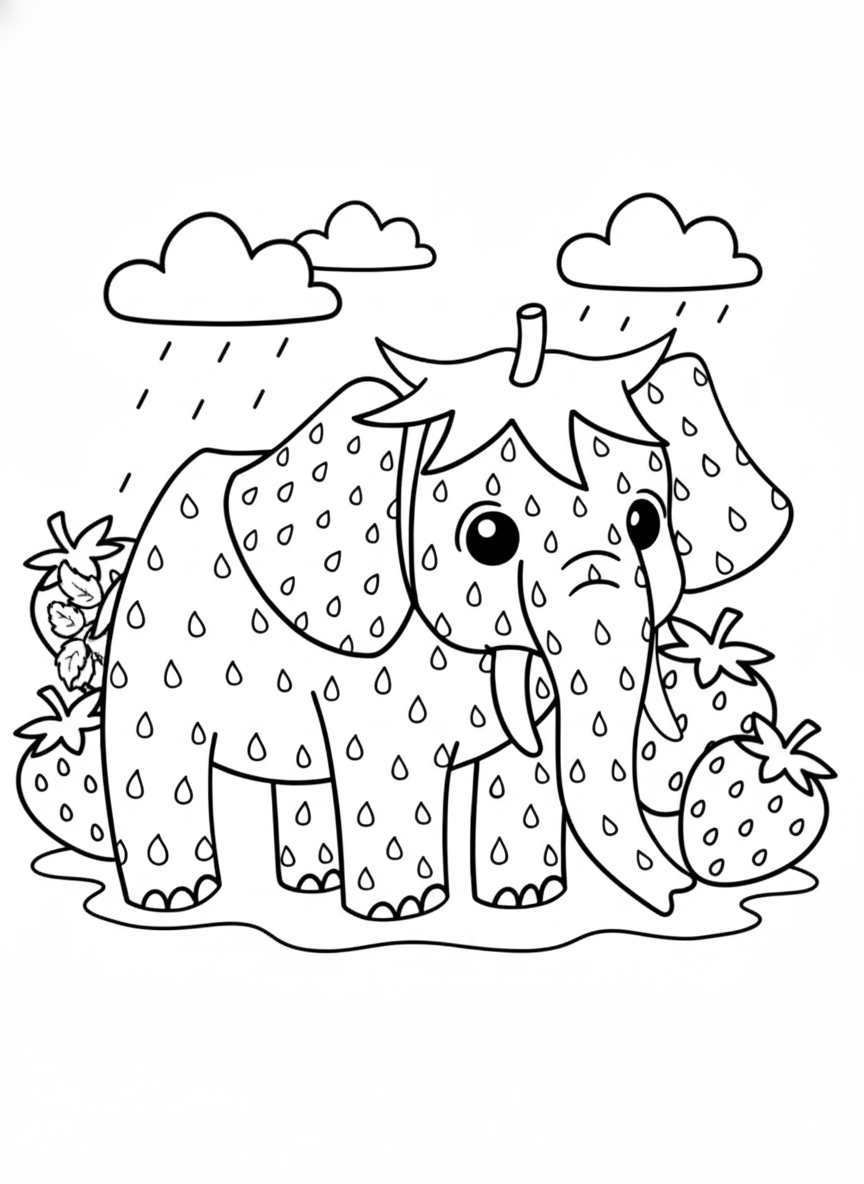 Strawberry Elephant Kleurplaat 9 strawberry olifant in de regen met aardbeien kleurplaat