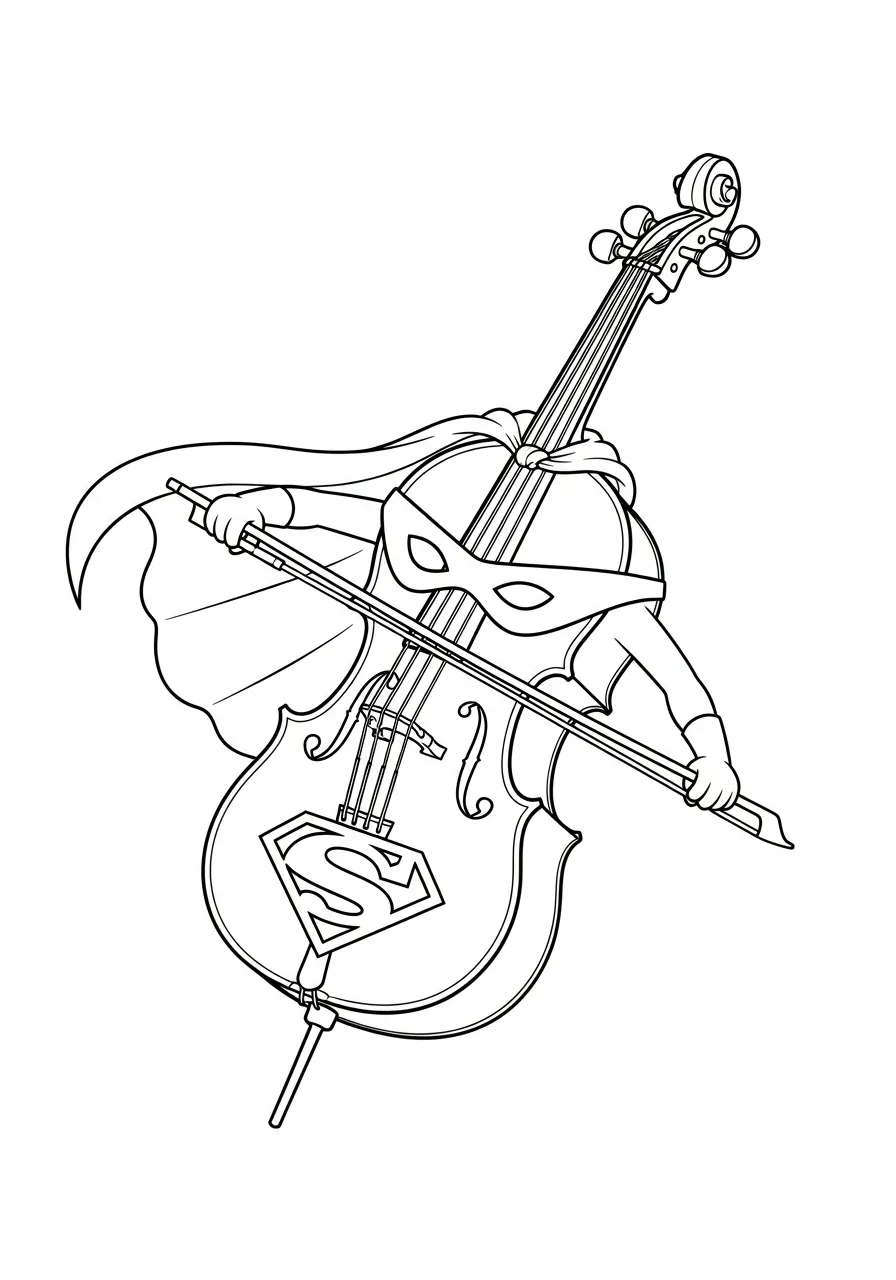 Kleurplaat Cello 27 superheld cello met cape kleurplaat