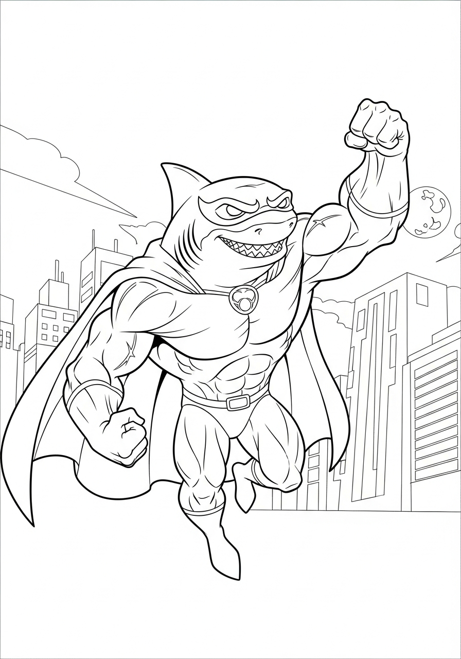 Haai Kleurplaat 11 superheld haai in de stad kleurplaat