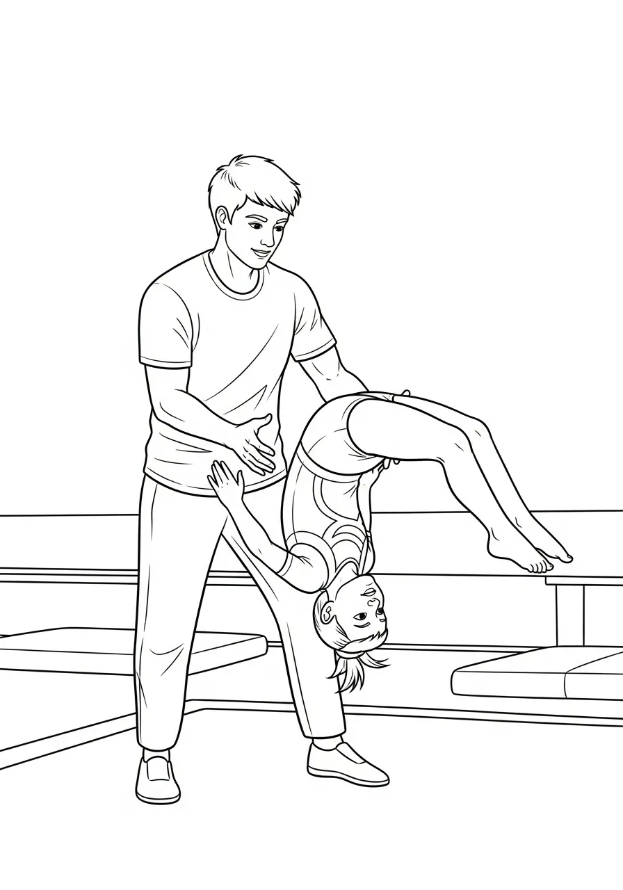 trainer helpt turnster met oefening kleurplaat