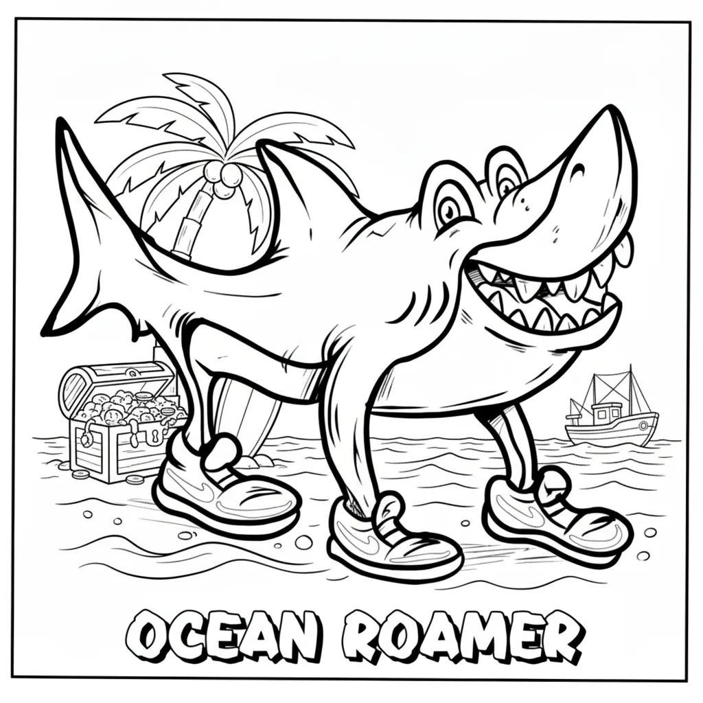 Kleurplaat Tralalero Tralala 8 tralalero tralala blije haai aan zee met schatkist kleurplaat