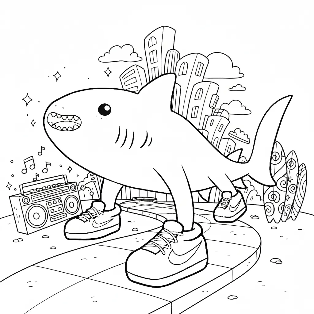 Kleurplaat Tralalero Tralala 12 tralalero tralala dansende haai in stad met radio kleurplaat