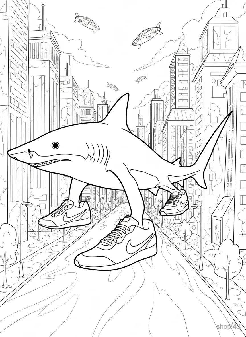 Kleurplaat Tralalero Tralala 14 tralalero tralala grote haai in drukke stad kleurplaat