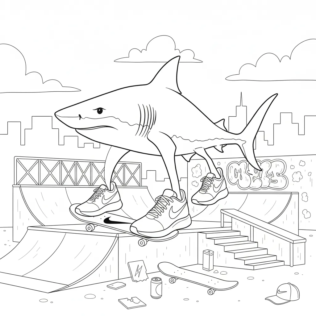 Kleurplaat Tralalero Tralala 17 tralalero tralala haai maakt sprong op skateboard kleurplaat