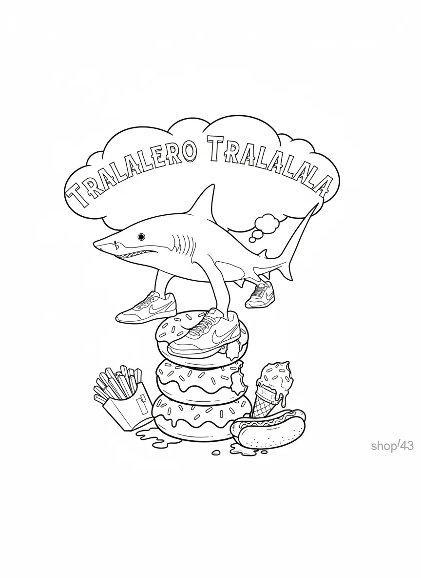Kleurplaat Tralalero Tralala 21 tralalero tralala haai op donuts en fastfood kleurplaat