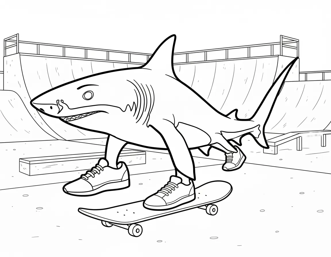 Kleurplaat Tralalero Tralala 22 tralalero tralala haai op skateboard in skatepark kleurplaat