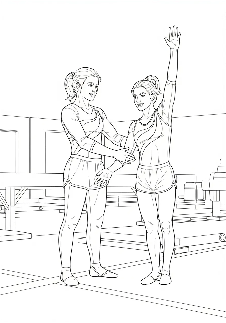 turncoach en turnster op de balk kleurplaat