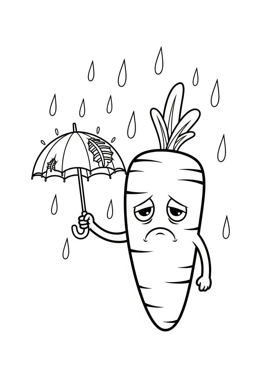 verdrietige wortel in regen kleurplaat