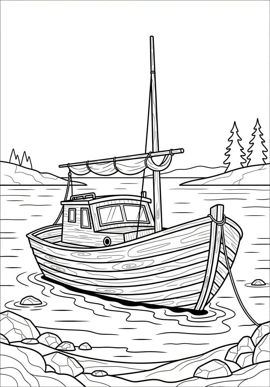 Kleurplaat Boot 33 vissersboot bij rotsen kleurplaat