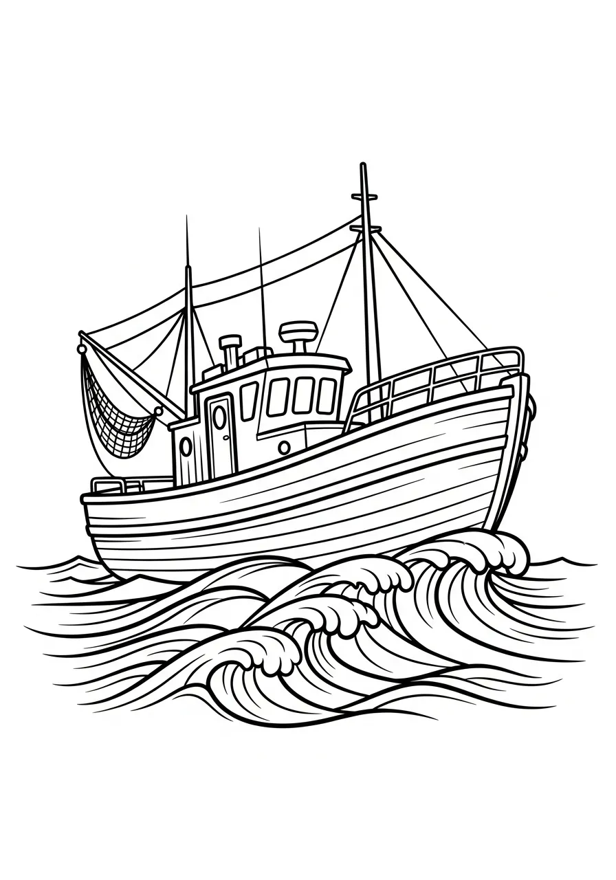 Kleurplaat Boot 34 vissersboot op golven kleurplaat