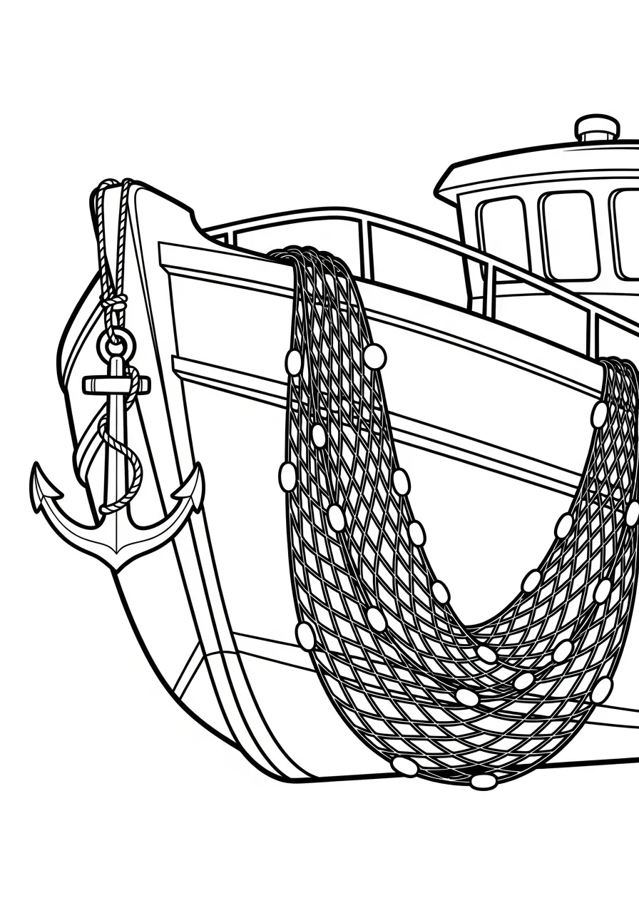 Kleurplaat Boot 35 vissersnet en anker kleurplaat