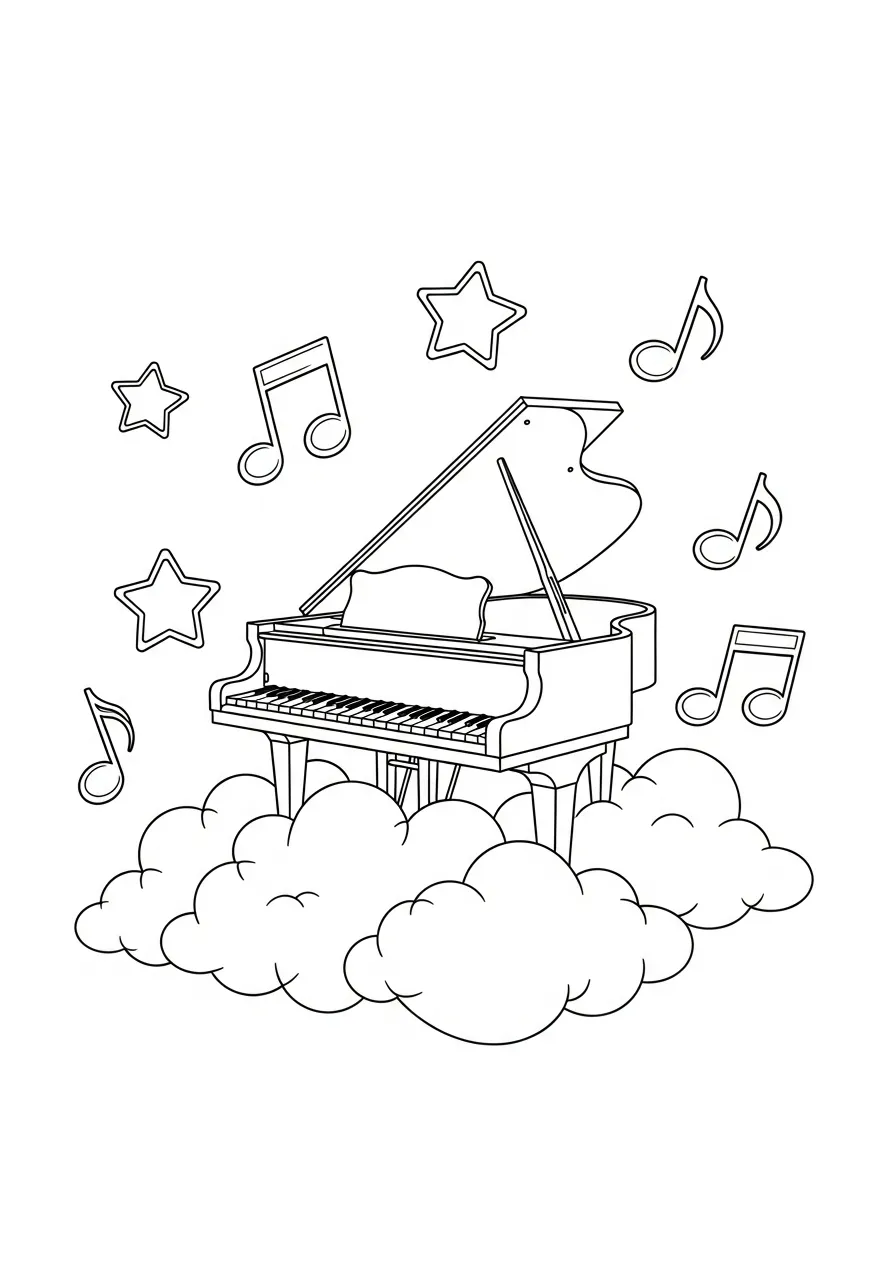 Piano Kleurplaat 27 vleugelpiano op wolken met noten kleurplaat