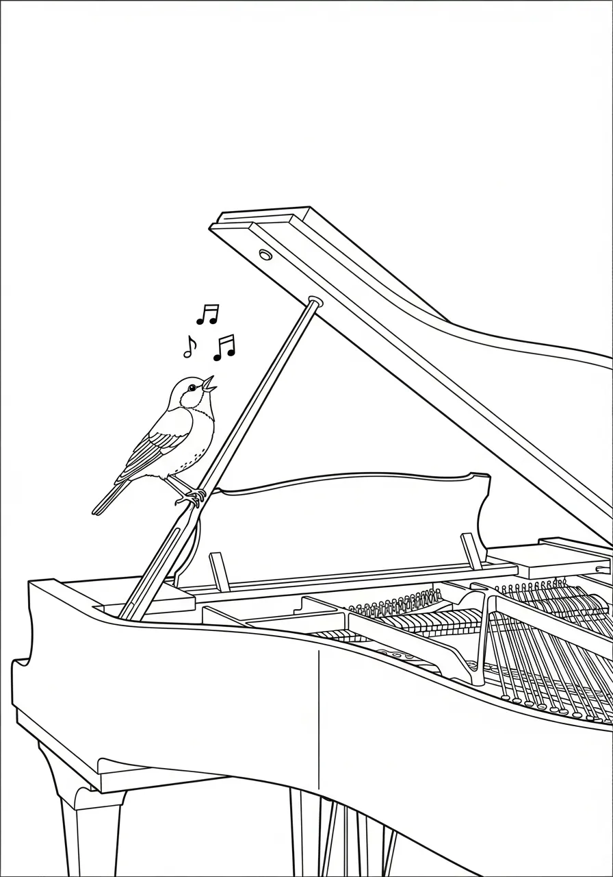 Piano Kleurplaat 28 vogel zingt bij open piano kleurplaat