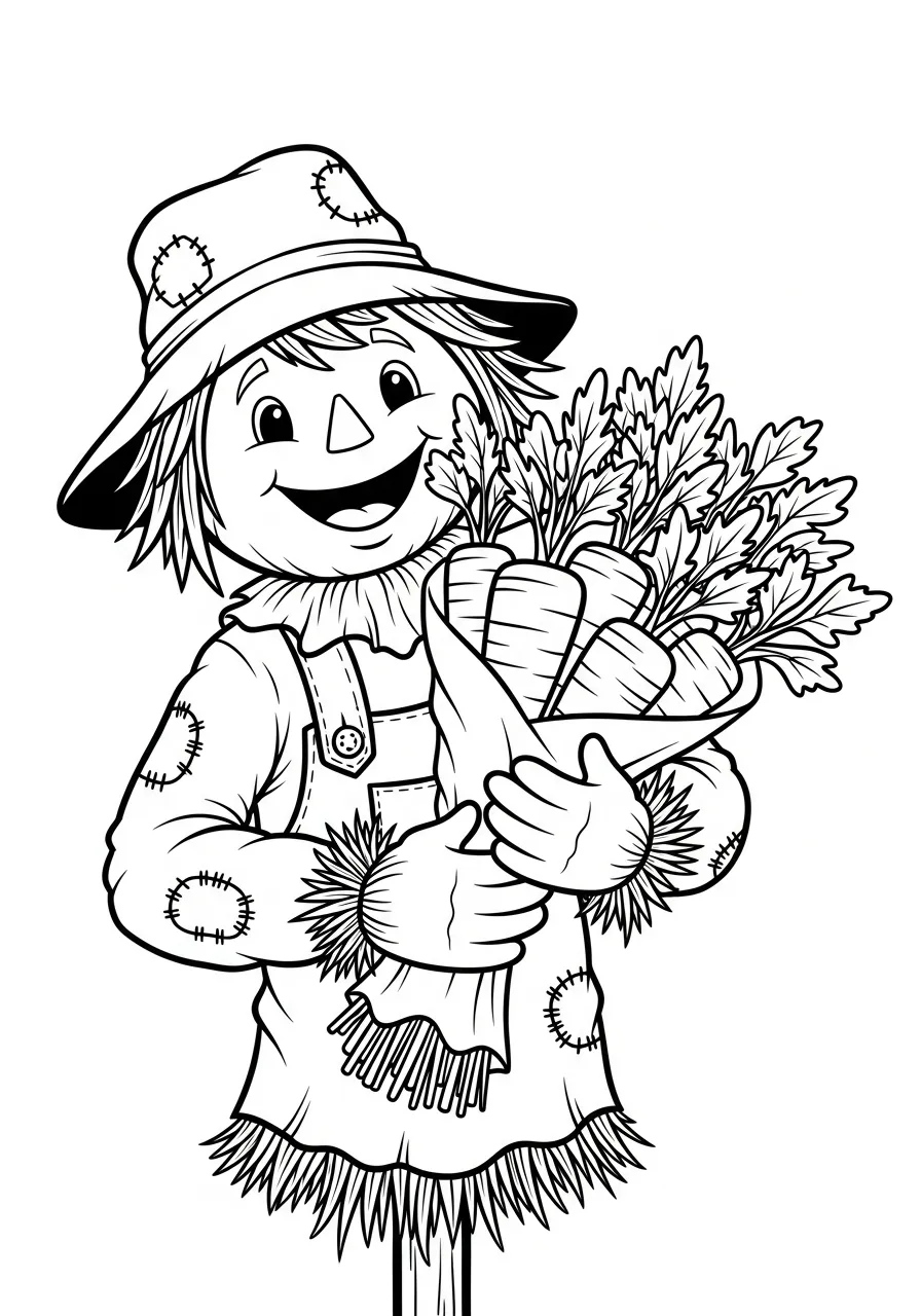 vogelverschrikker houdt wortelbundel kleurplaat