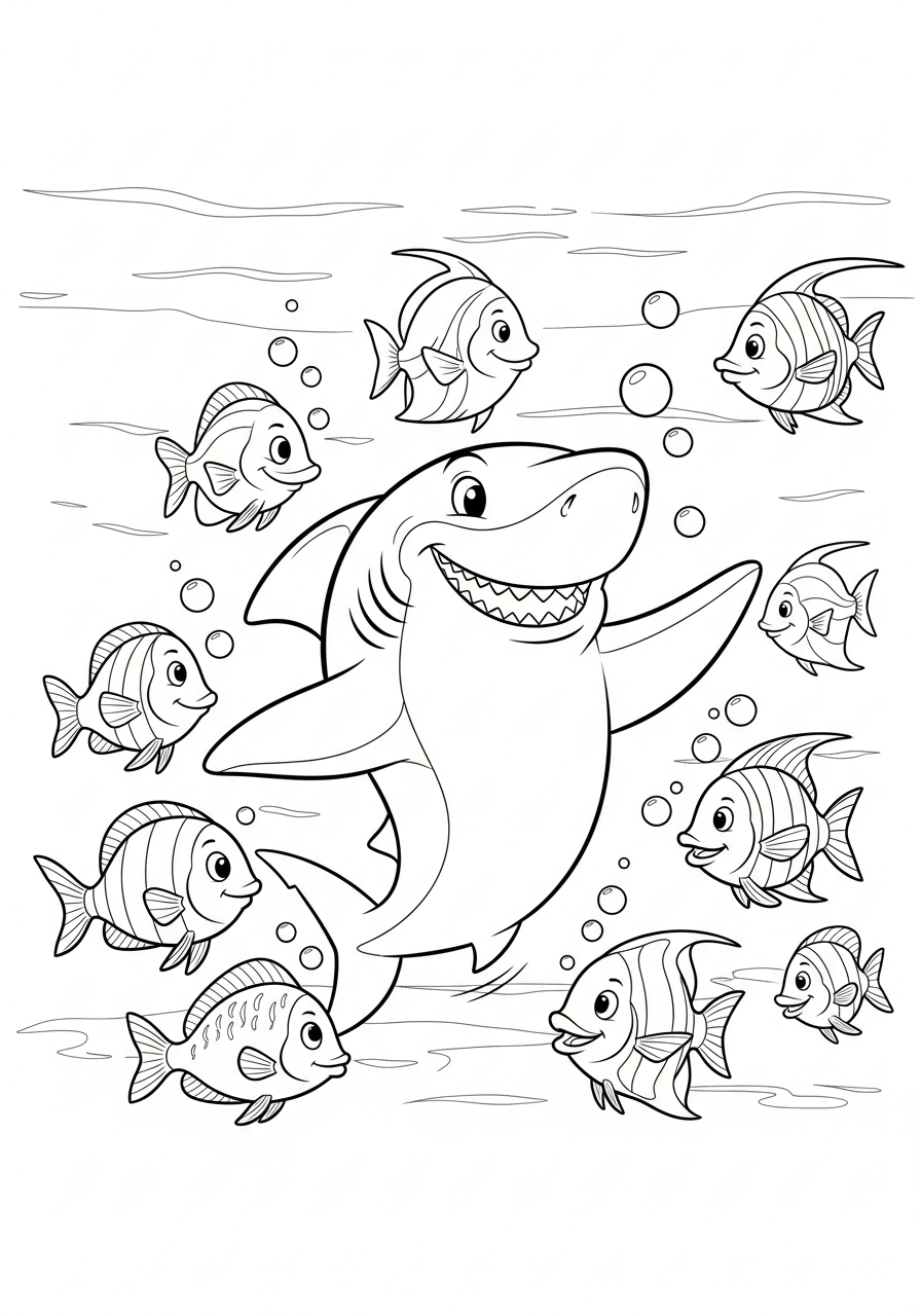 Haai Kleurplaat 9 vrolijke haai met vissen kleurplaat