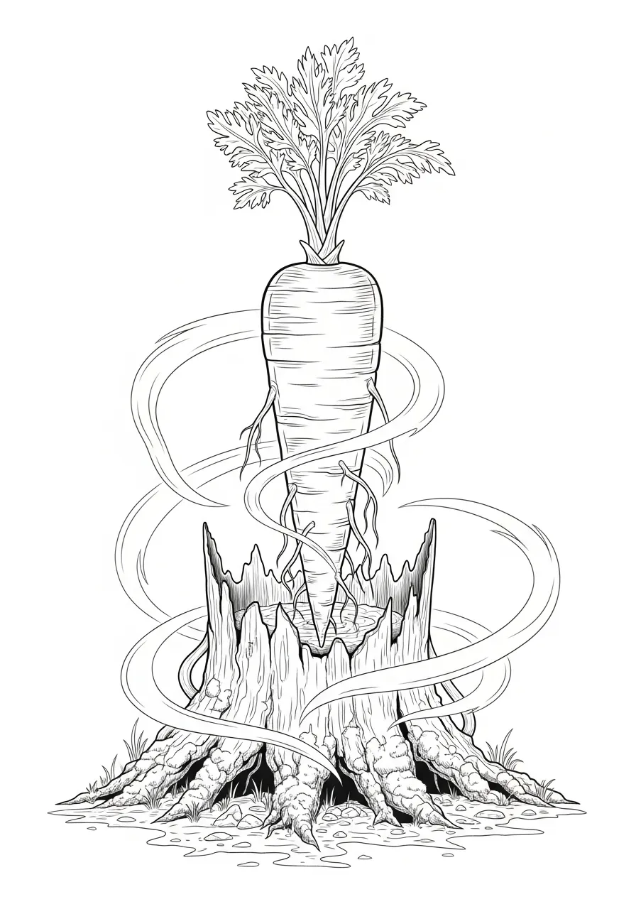 wortel groeit uit magische boomstronk kleurplaat