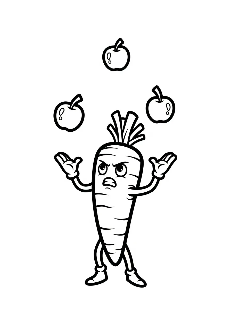 wortel jongleert appels kleurplaat