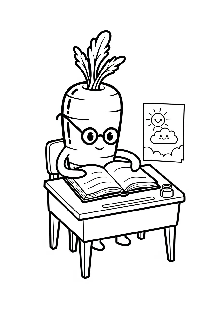wortel leest boek aan schoolbank kleurplaat