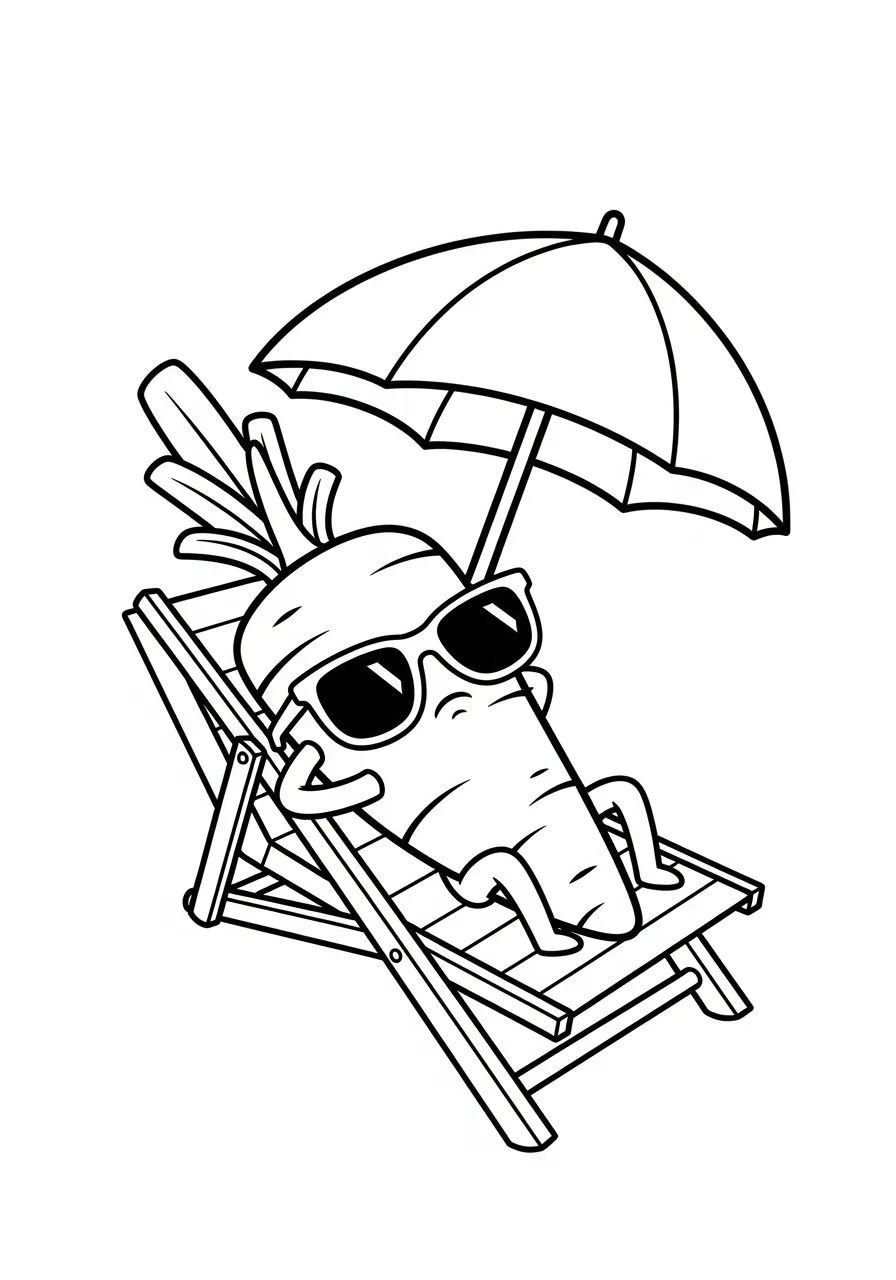 wortel op vakantie op ligstoel kleurplaat