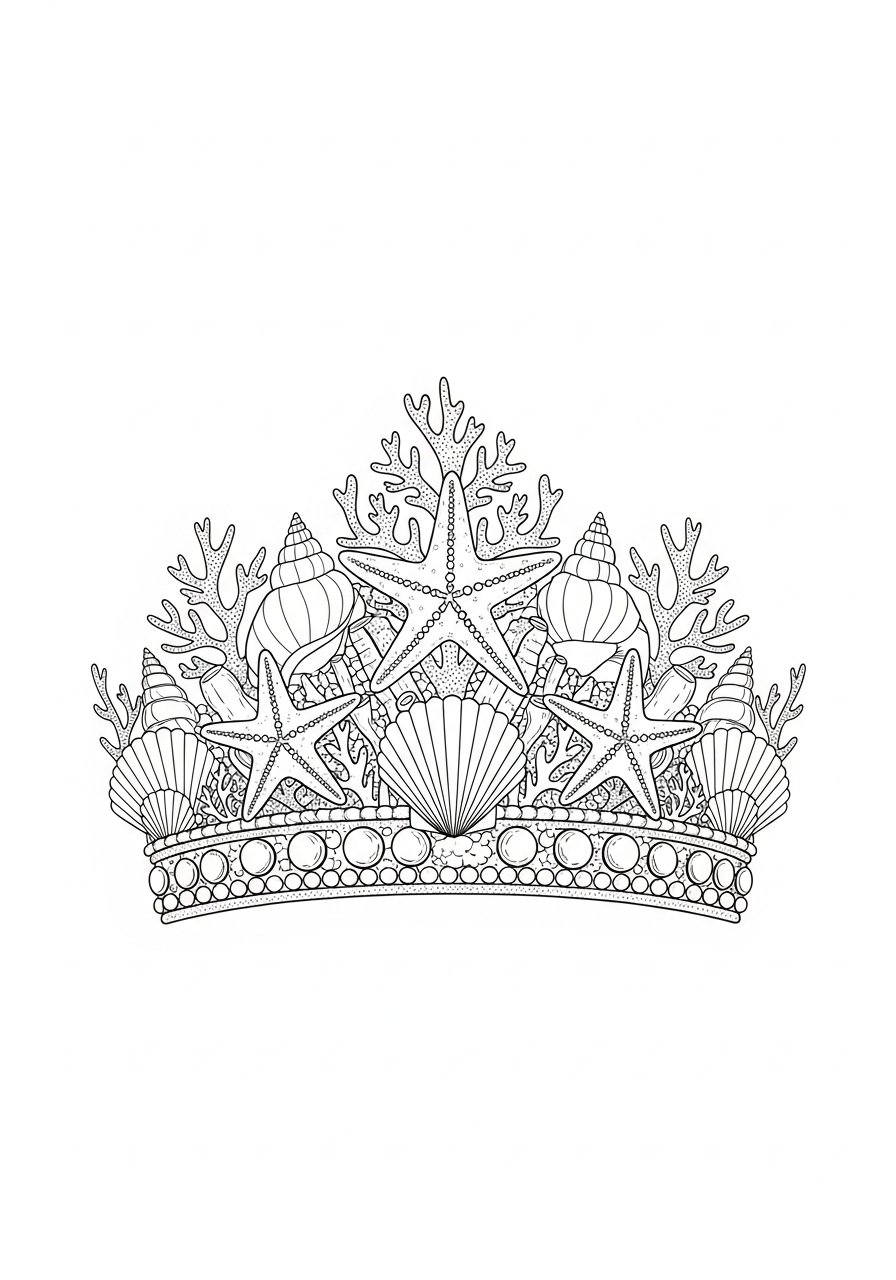 Kroon Kleurplaat 8 zeemeermin kroon met schelpen en sterren kleurplaat