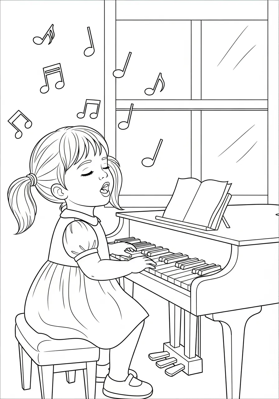 Piano Kleurplaat 29 zingend meisje bespeelt de piano kleurplaat